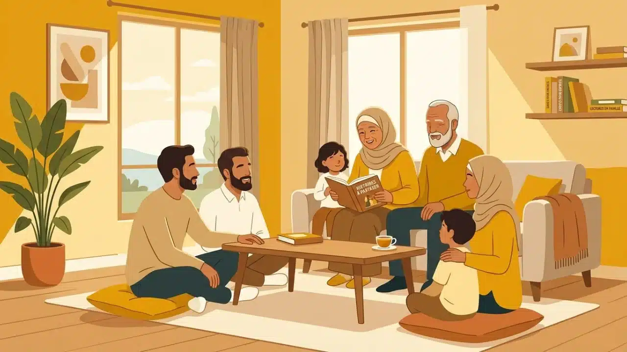 Illustration d'une famille apprenant le vocabulaire arabe ensemble à la maison