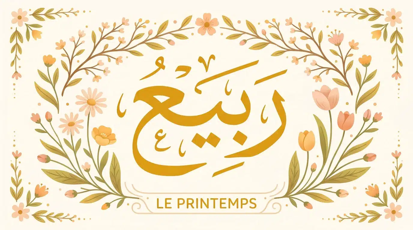 Le mot printemps écrit en arabe رَبِيع entouré de fleurs