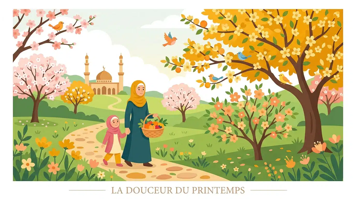 Scène de printemps avec arbres en fleurs et fruits colorés
