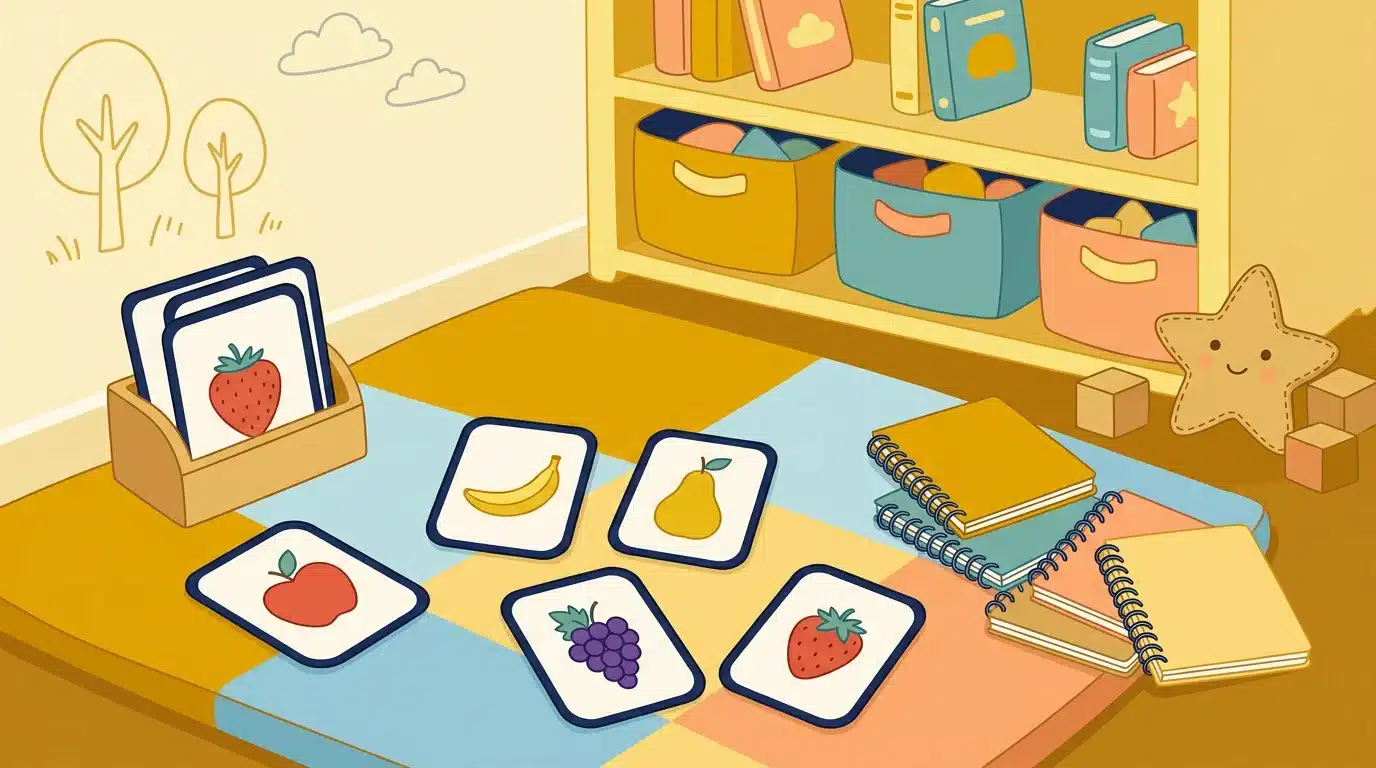 Coin de jeu à la maison avec cartes illustrées de fruits pour apprendre l'arabe
