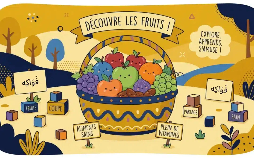 Illustration d'un panier de fruits colorés pour apprendre les fruits en arabe