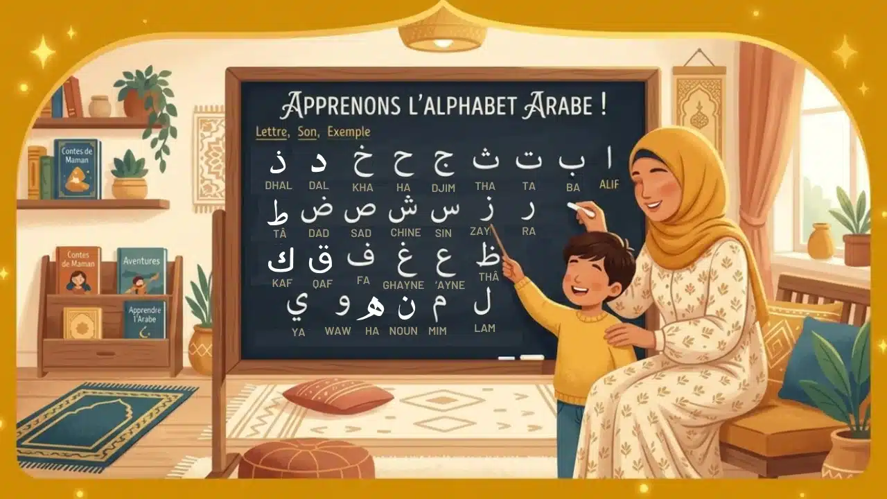 Un parent et un enfant révisant l'alphabet arabe ensemble à la maison