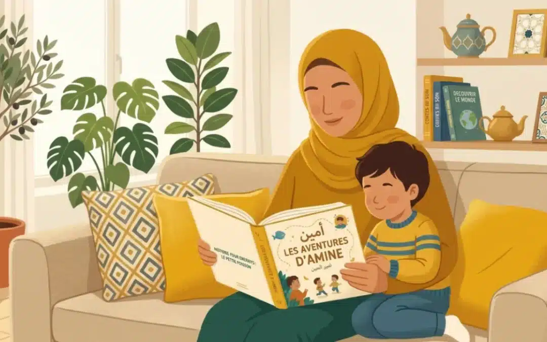 Un parent et un enfant lisant un livre en arabe ensemble à la maison