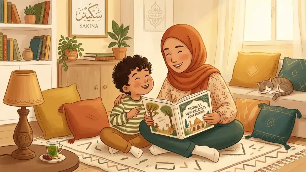 Mère et enfant lisant une histoire bilingue arabe français dans un salon chaleureux