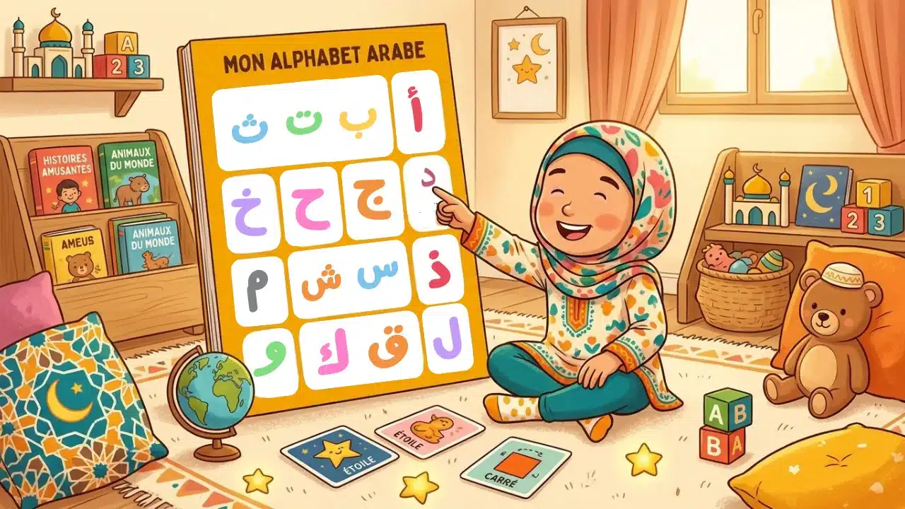 Enfant découvrant l'alphabet arabe de façon ludique pendant la lecture