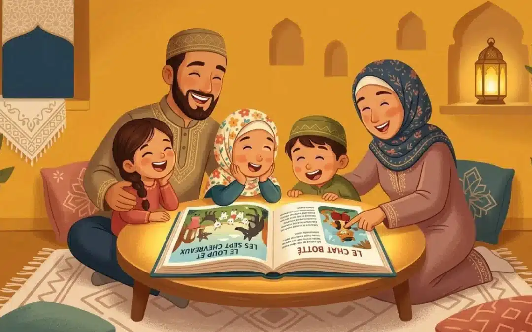 Famille découvrant ensemble une histoire bilingue arabe français