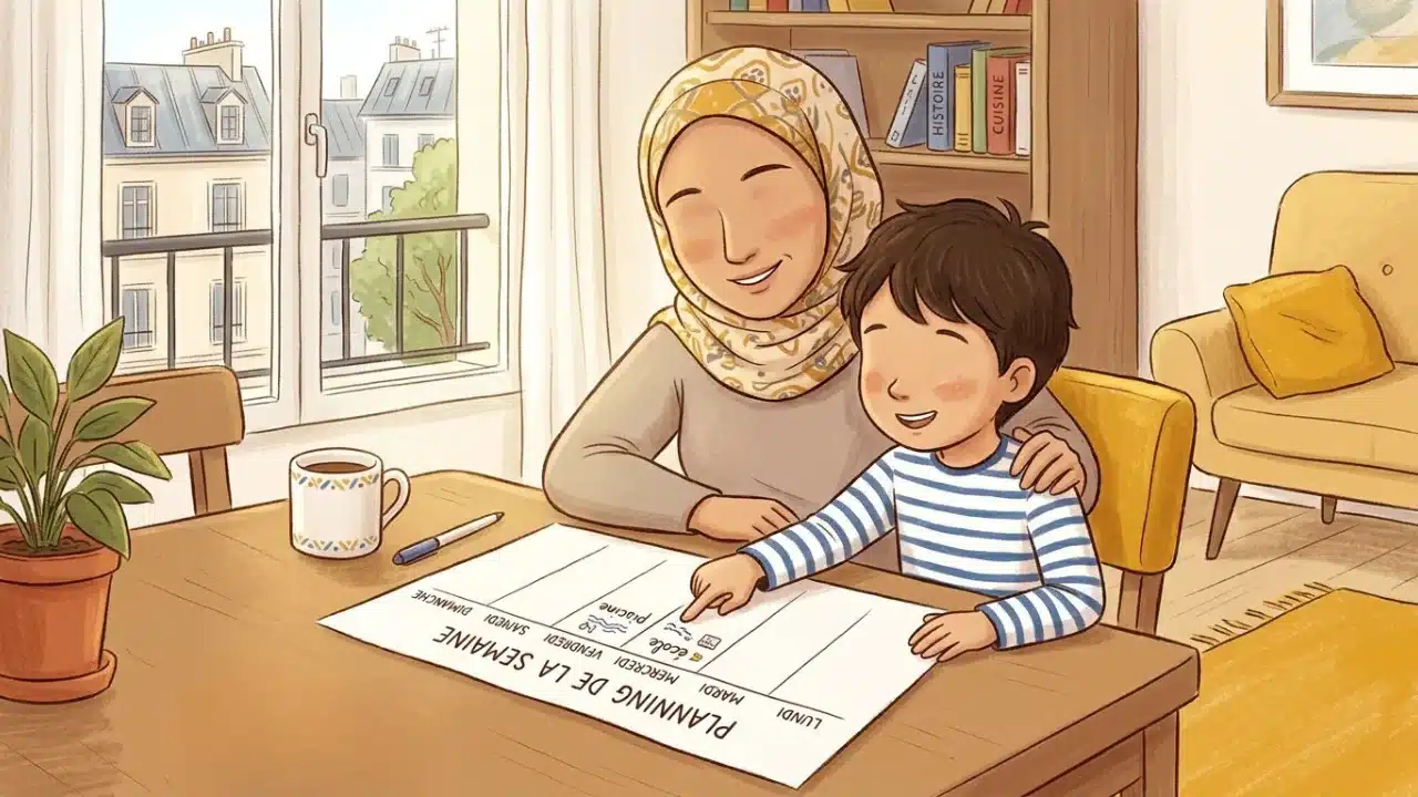 Parent et enfant apprenant les jours de la semaine en arabe à la maison