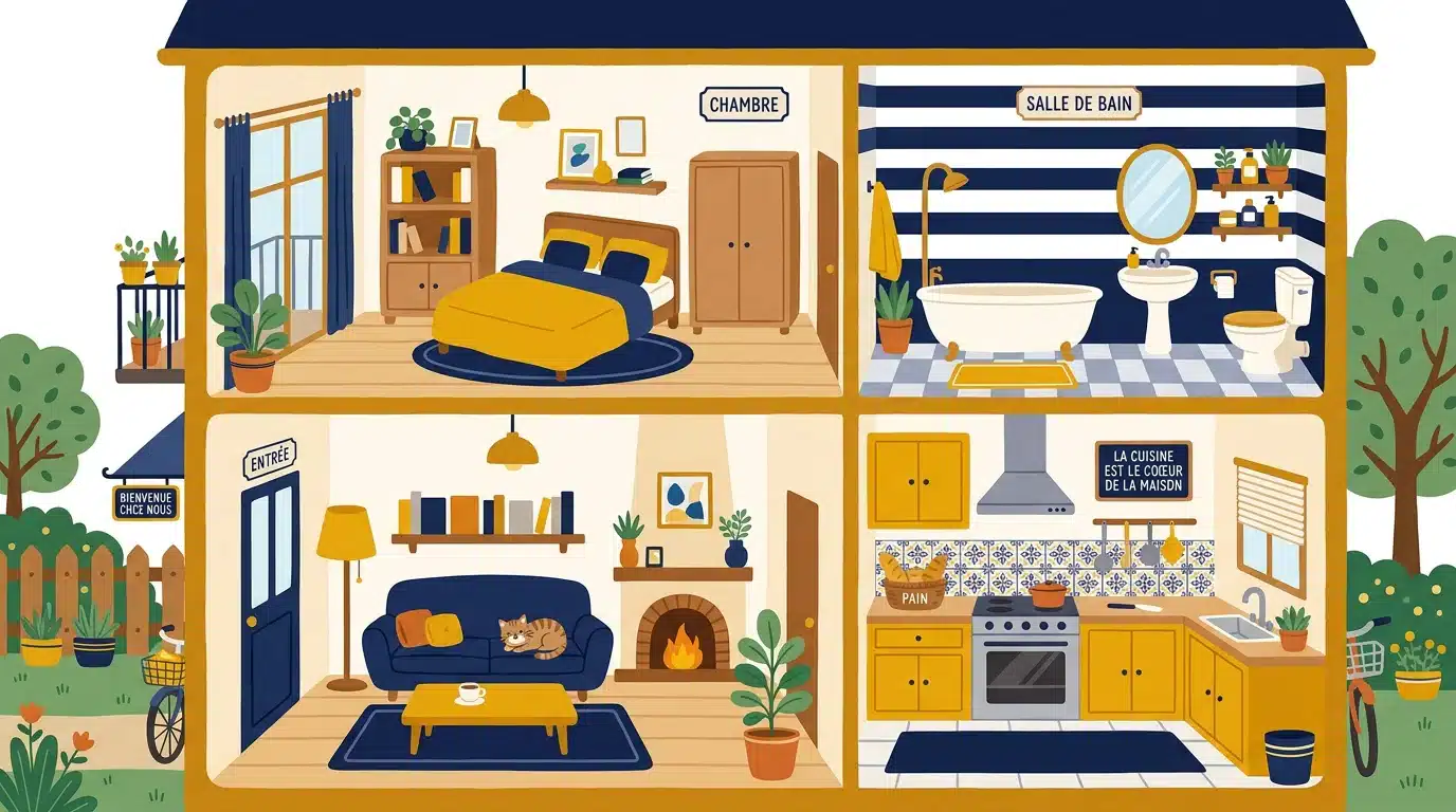 Illustration d'une maison en coupe montrant les différentes pièces à apprendre en arabe