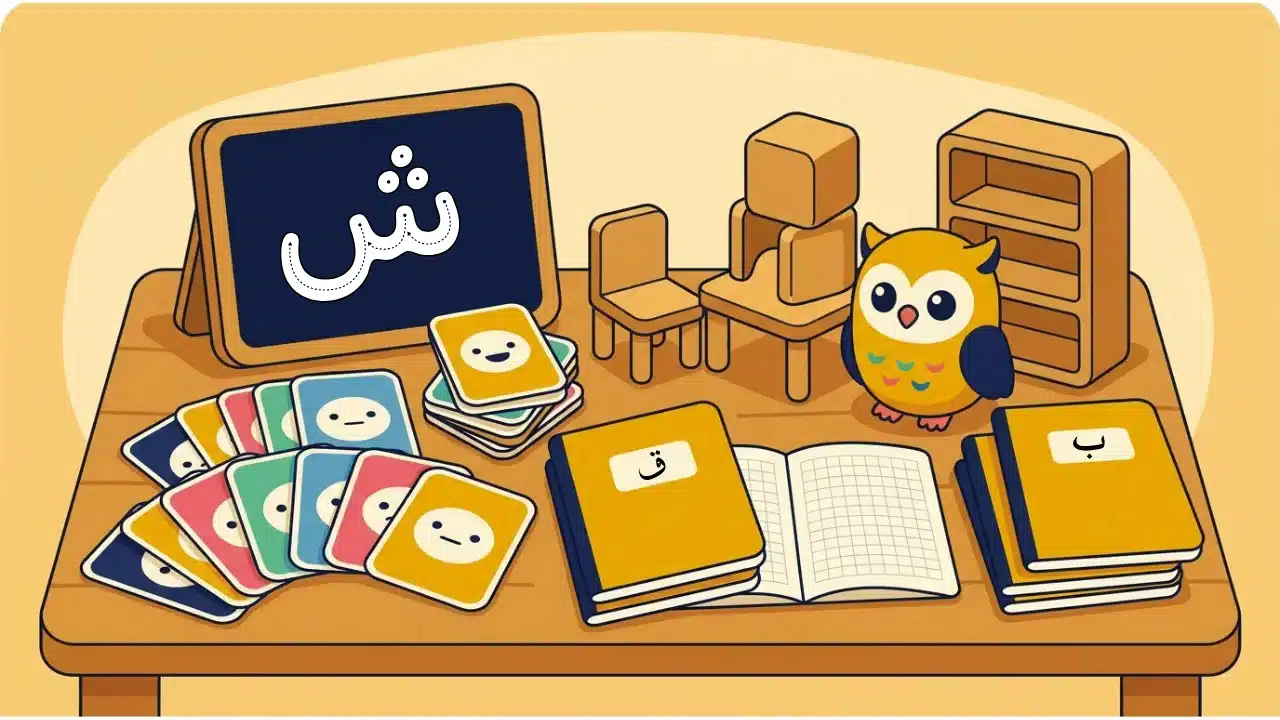 Objets pédagogiques et cartes pour apprendre le vocabulaire arabe de la maison en jouant