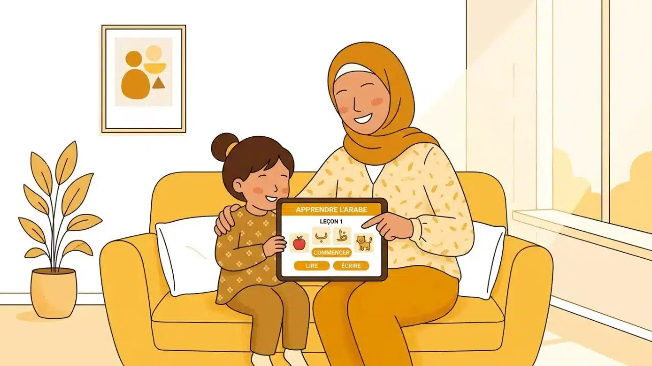 Parent et enfant apprenant l'arabe ensemble à la maison