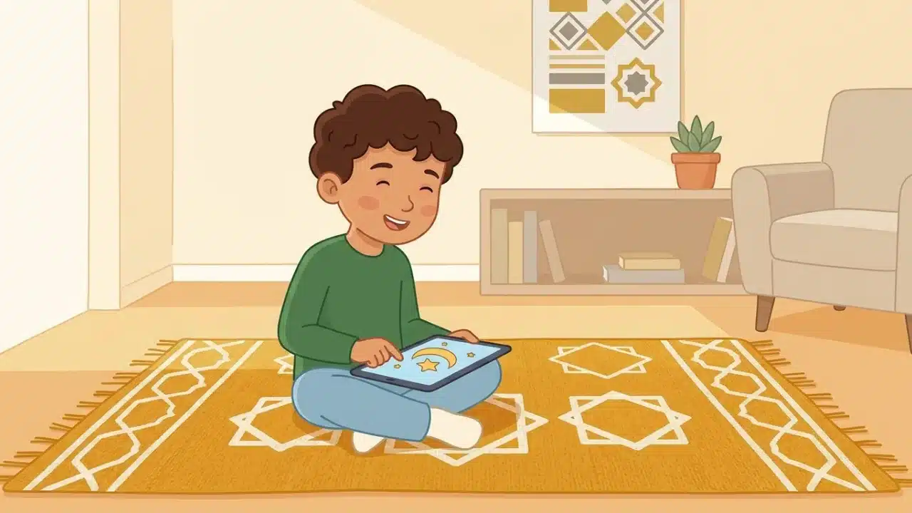 Enfant regardant un dessin animé éducatif en arabe sur une tablette