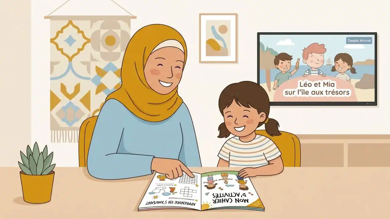 Parent accompagnant son enfant pendant un dessin animé éducatif en arabe