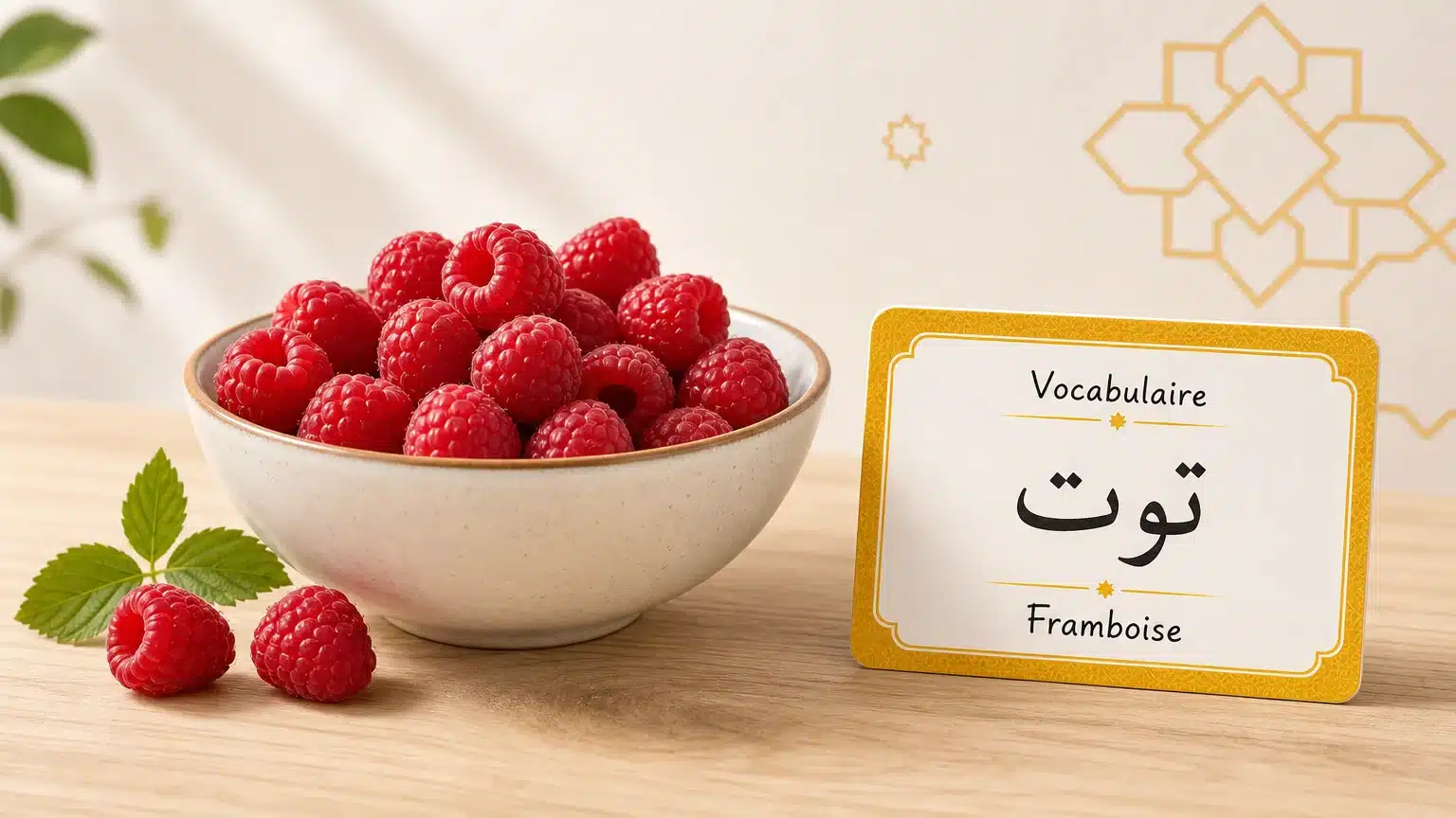Bol de framboises rouges avec une carte de vocabulaire pour apprendre le mot en arabe