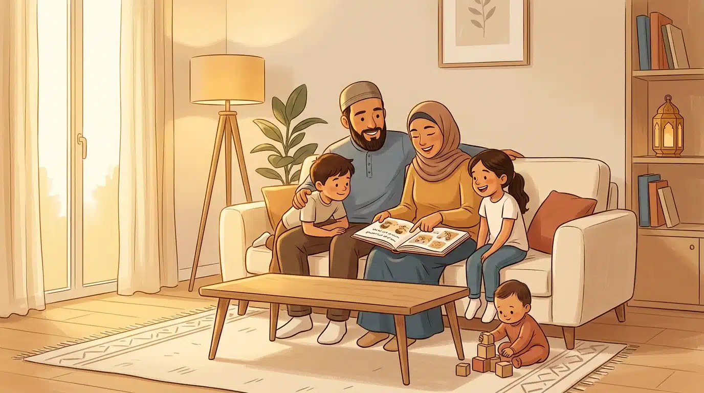 Un parent et un enfant lisant ensemble un texte en arabe à la maison