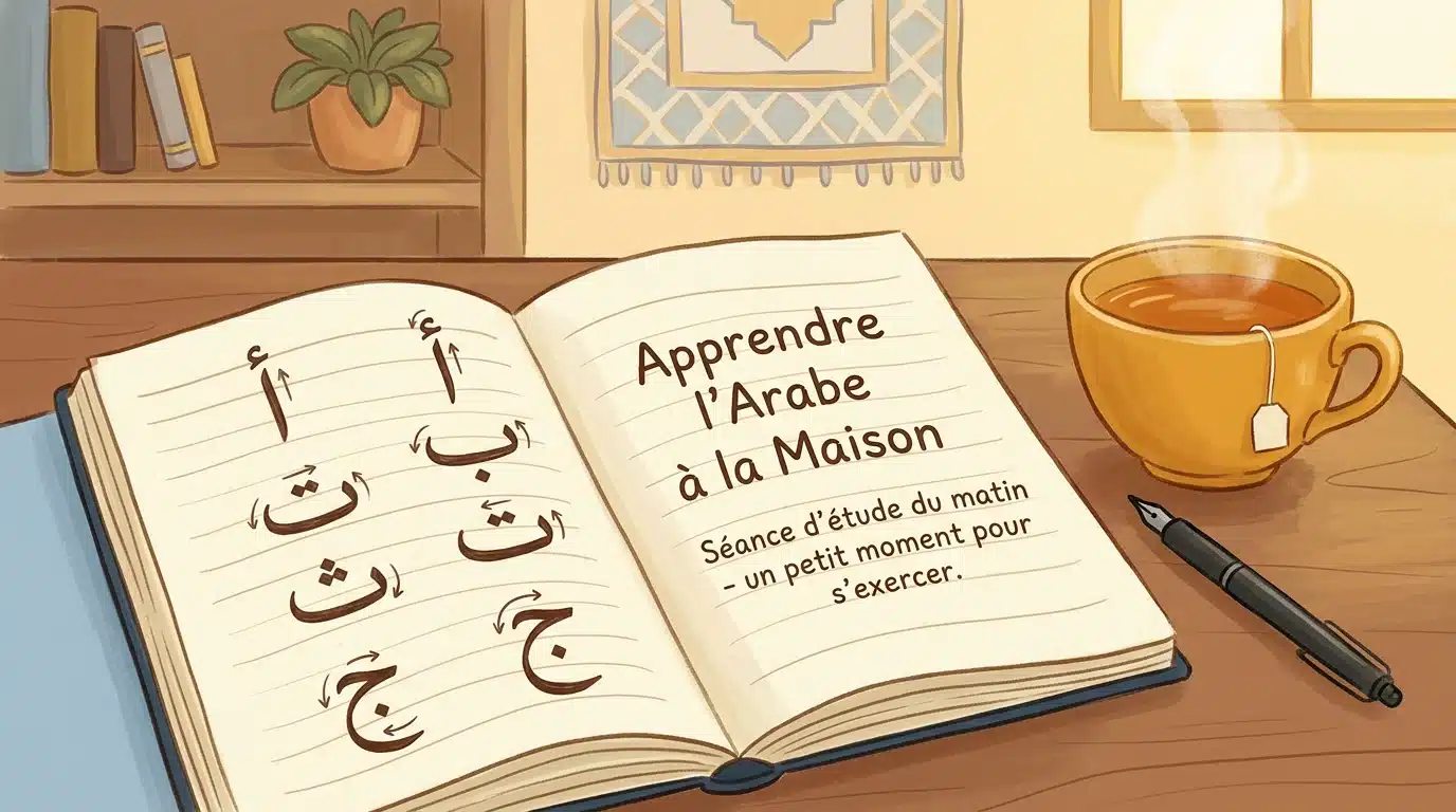 Carnet d'apprentissage avec des lettres arabes tracées à la main