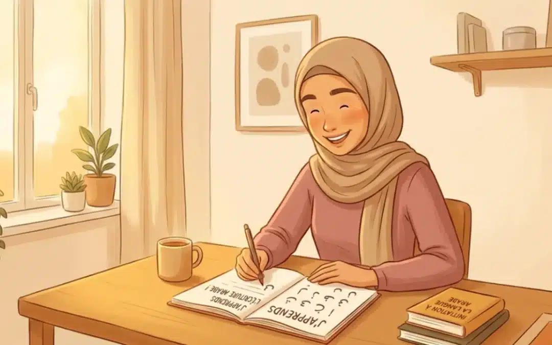 Une débutante découvrant l'écriture arabe dans un cahier