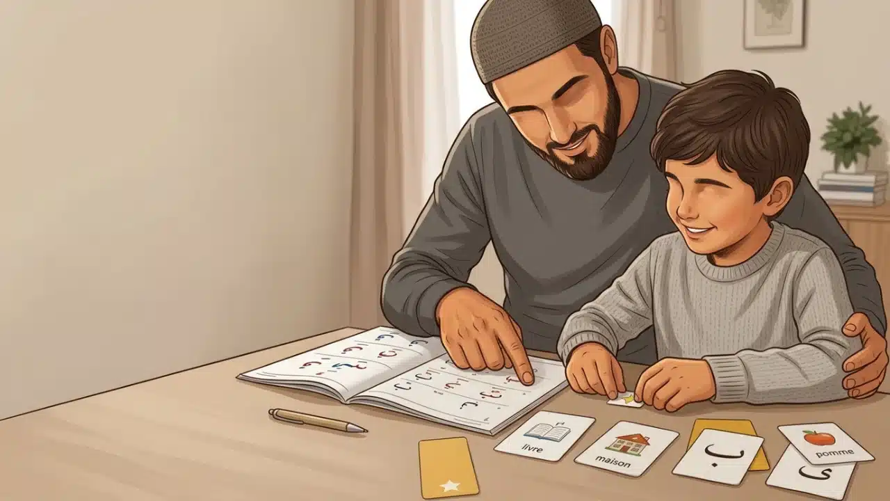 Parent et enfant apprenant l’arabe avec des cartes et un cahier
