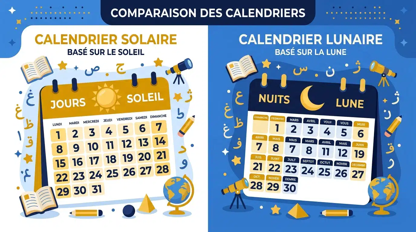 Illustration comparant le calendrier solaire et le calendrier lunaire arabe