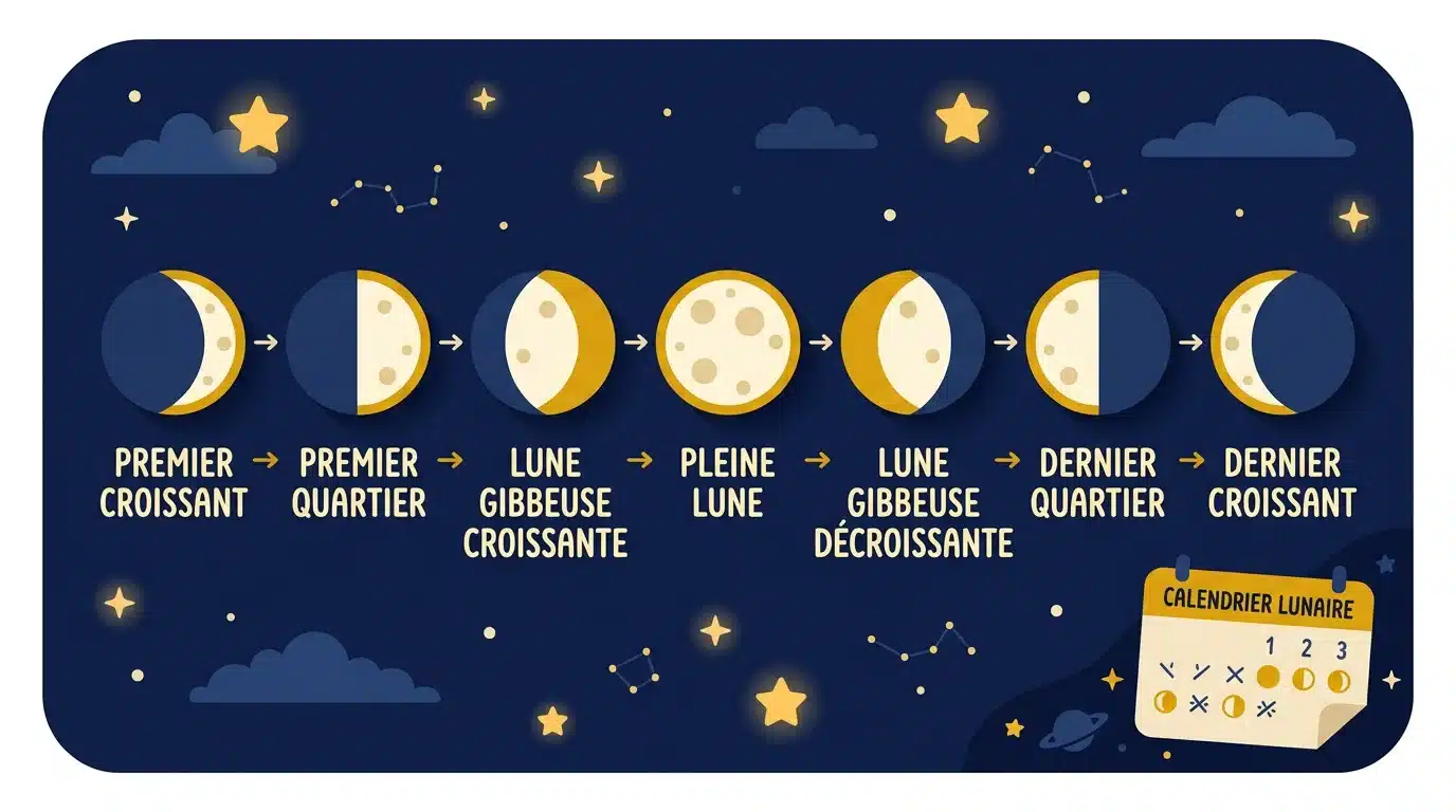 Illustration des phases de la lune et du calendrier lunaire arabe