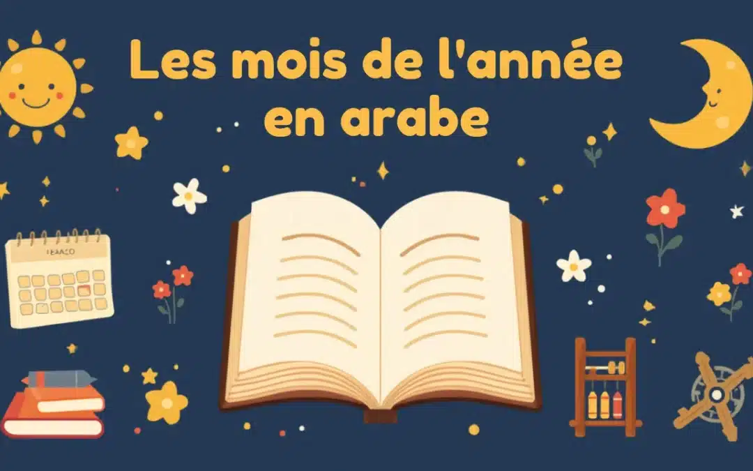 Illustration des mois de l'année en arabe avec soleil, lune et livre