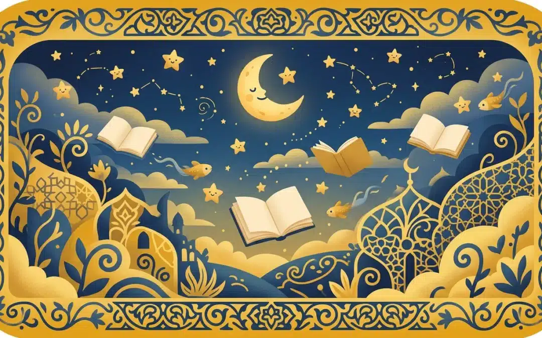 Illustration onirique d'histoires en arabe avec lune, étoiles et livres vierges