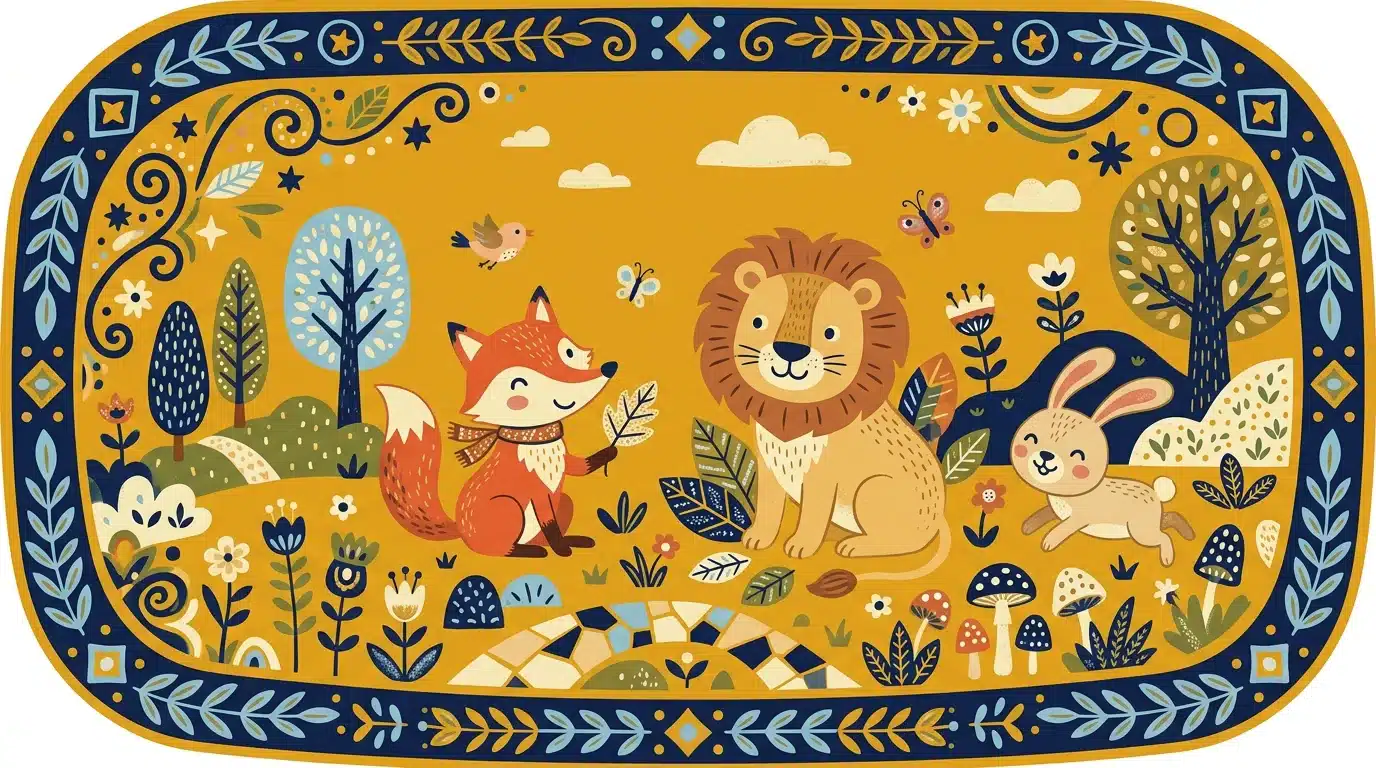 Personnages animaux de contes arabes illustrés dans un jardin