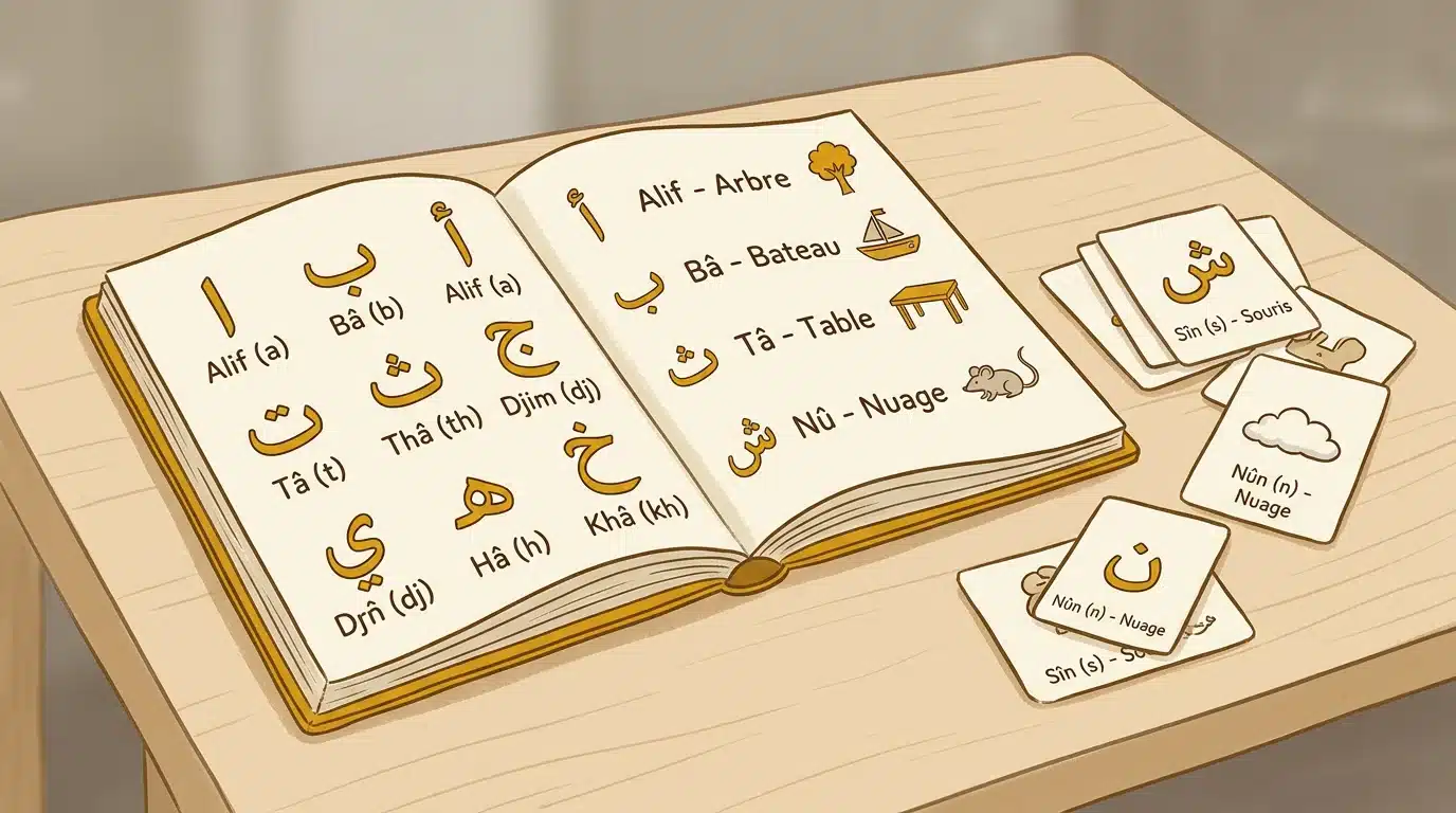 Cahier illustré présentant l'alphabet arabe et des cartes de sons