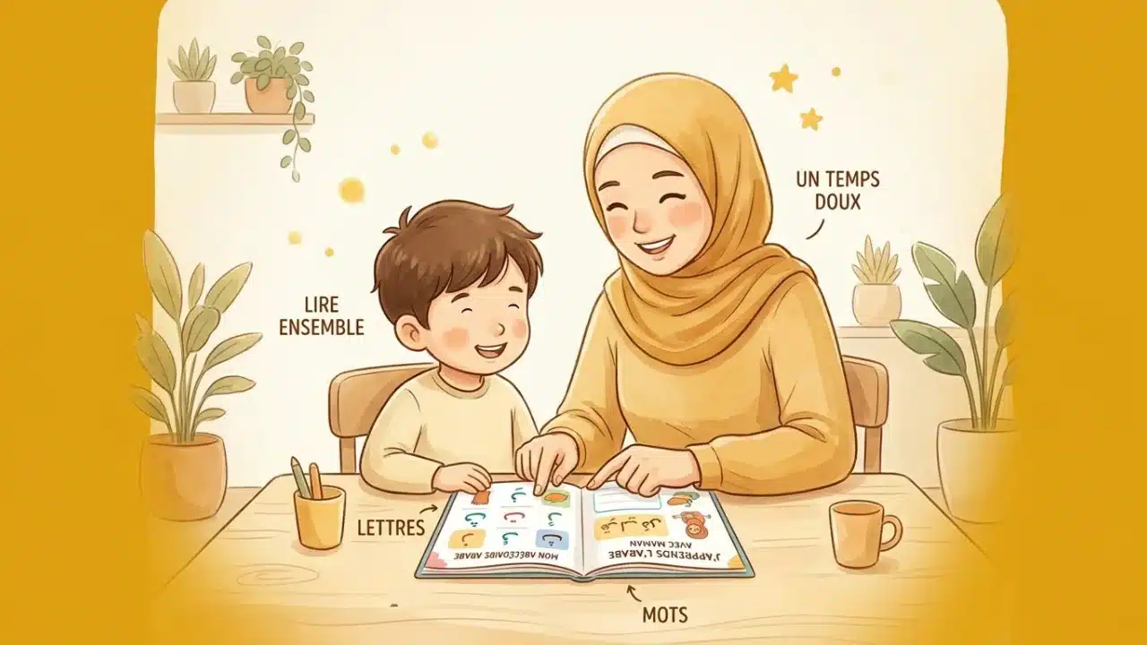 Parent et enfant apprenant l'arabe ensemble à la maison