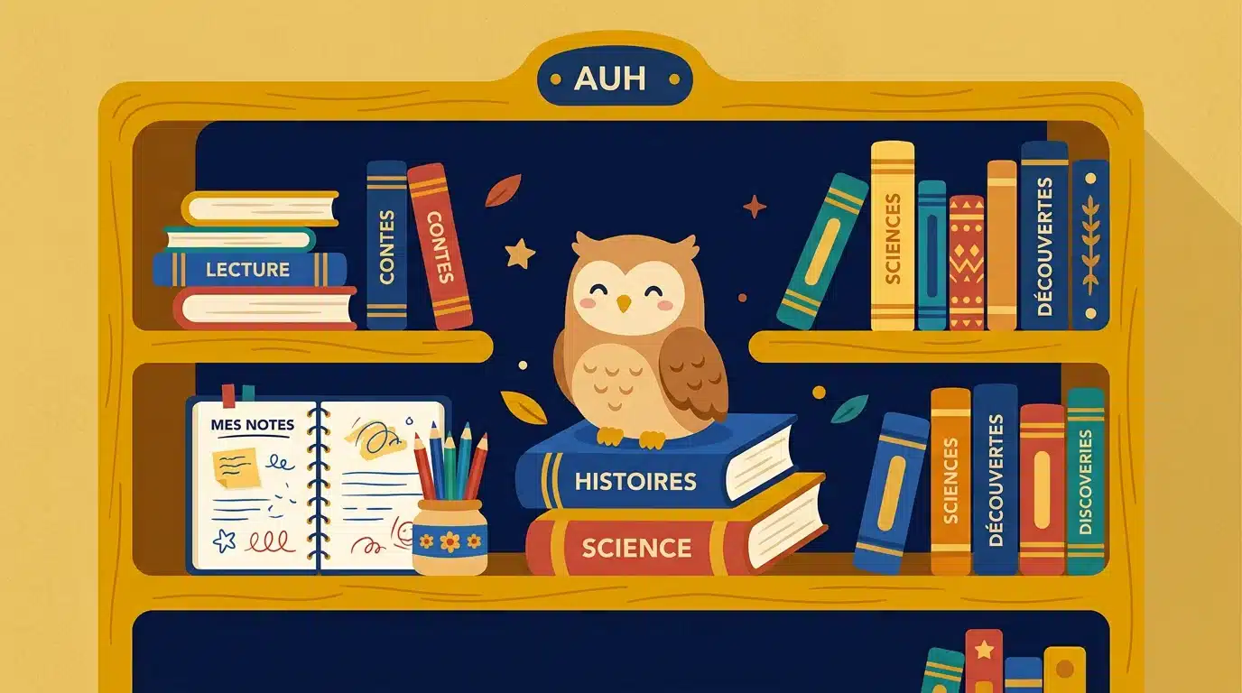Étagère illustrée de livres colorés pour apprendre l'arabe aux enfants
