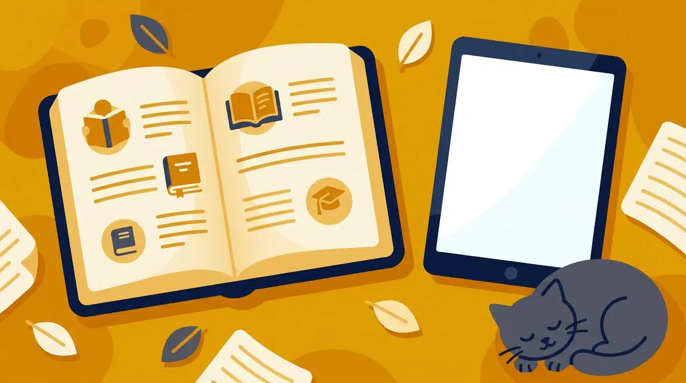 Comparaison illustrée entre un livre papier et un support numérique pour apprendre l'arabe