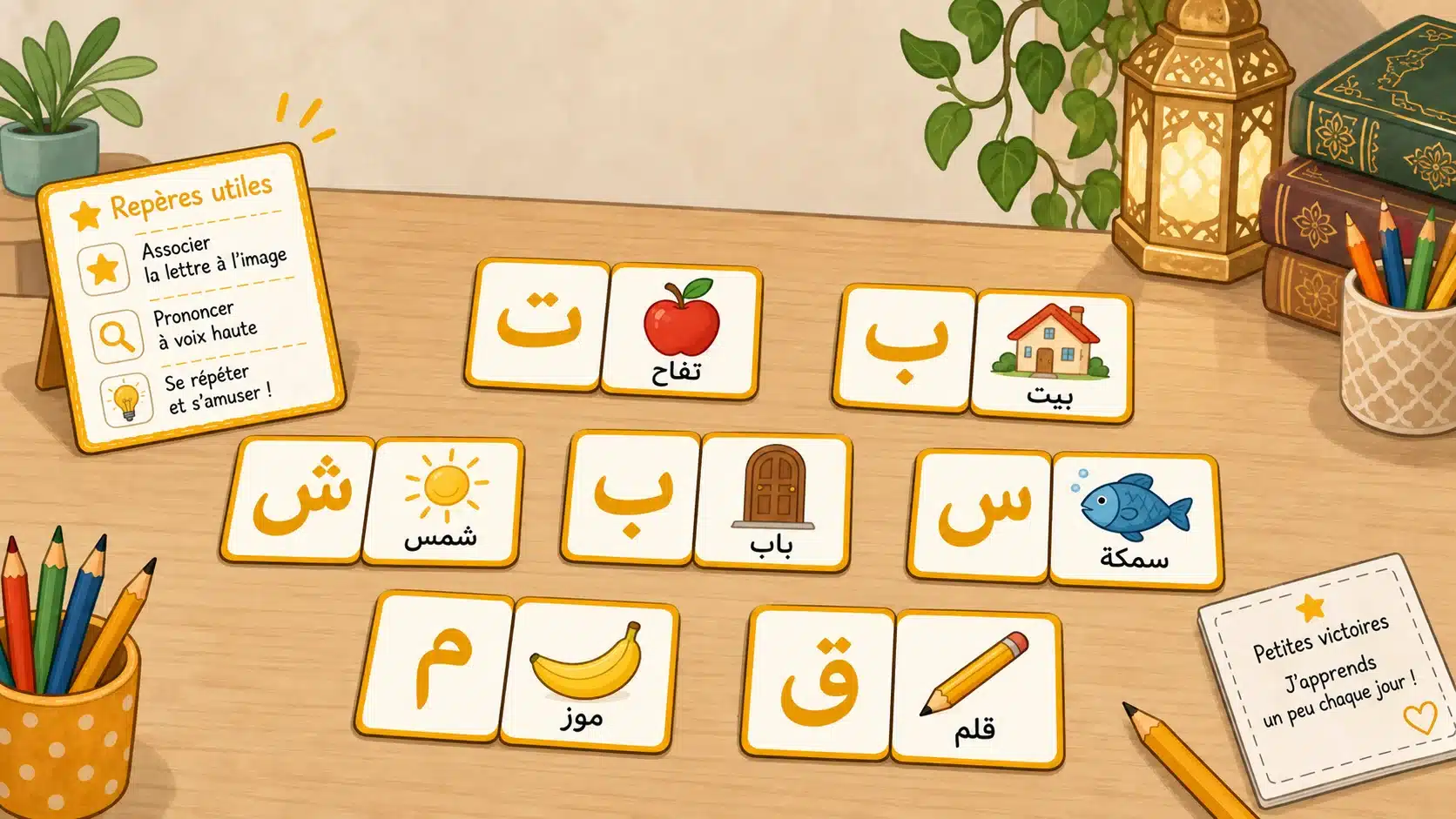 Enfant découvrant les lettres arabes avec des cartes illustrées
