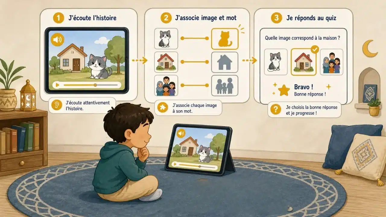 Enfant découvrant une histoire interactive en arabe avec des images et un quiz