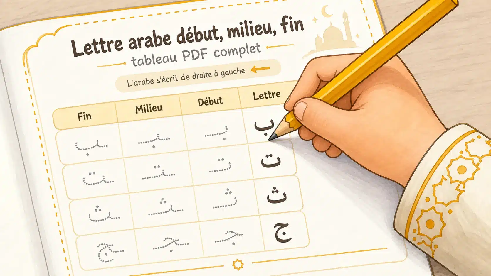 Fiche illustrée pour apprendre les formes des lettres arabes