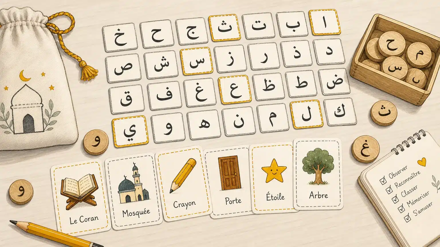 Jeu de cartes illustré pour découvrir les lettres de l’alphabet arabe