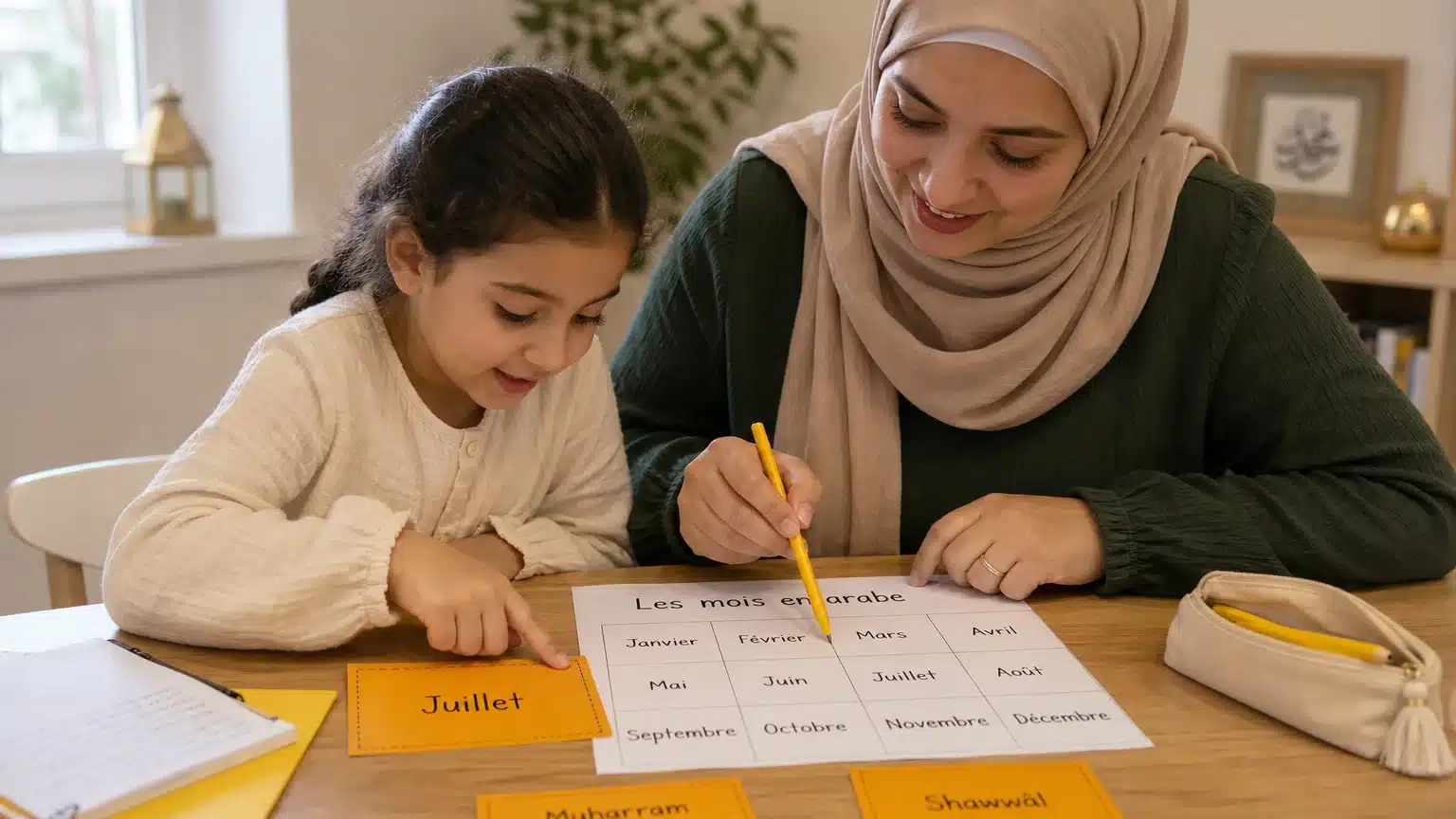 Un parent et un enfant mémorisent les mois en arabe avec des cartes