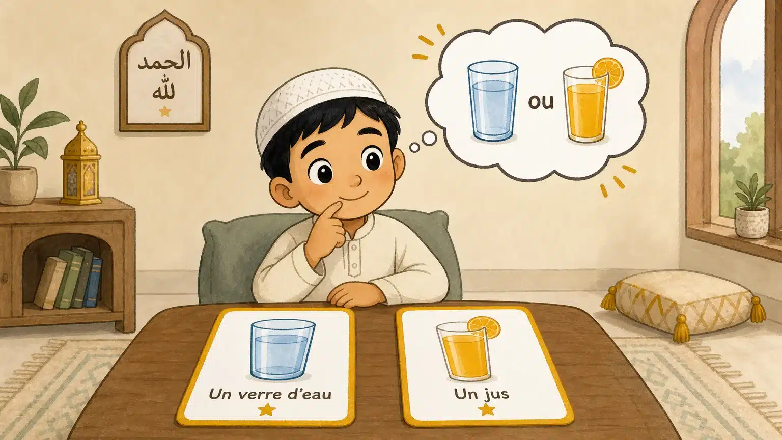 Un enfant choisit entre deux images pour répondre en arabe