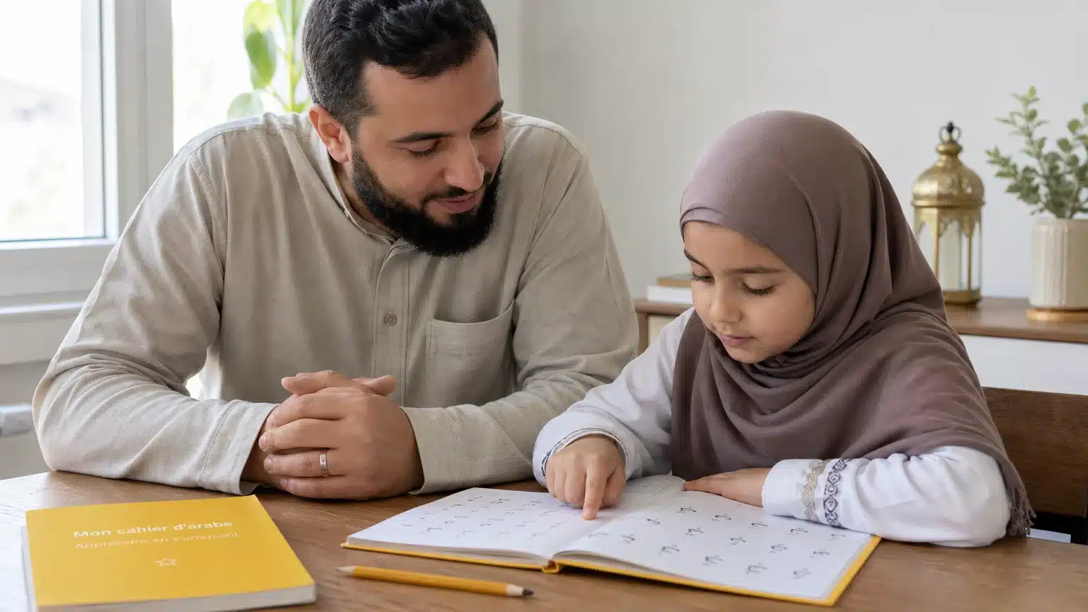 Parent et enfant pratiquant la lecture arabe à la maison