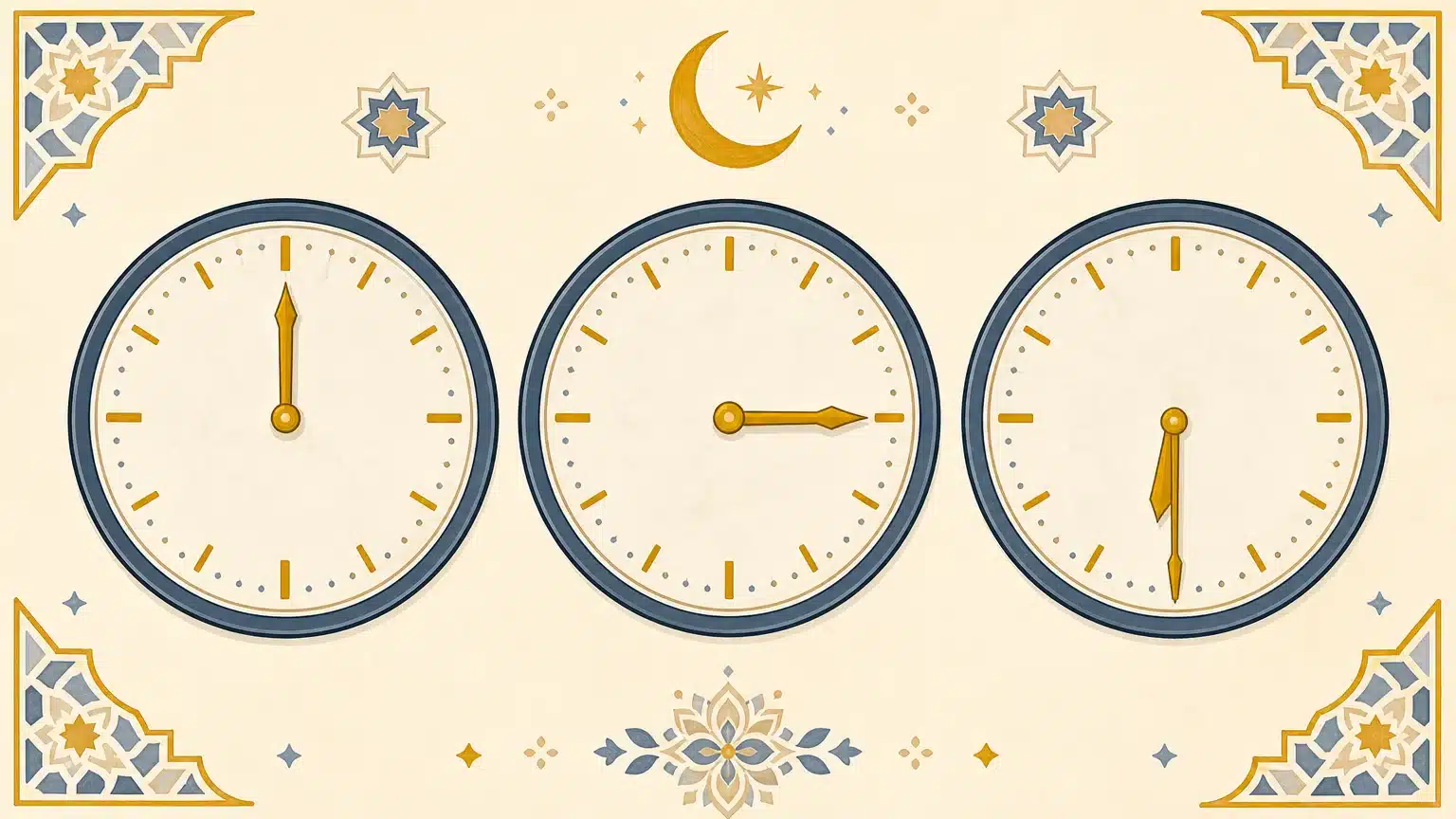 Horloges illustrant l’heure pile, le quart et la demi-heure en arabe