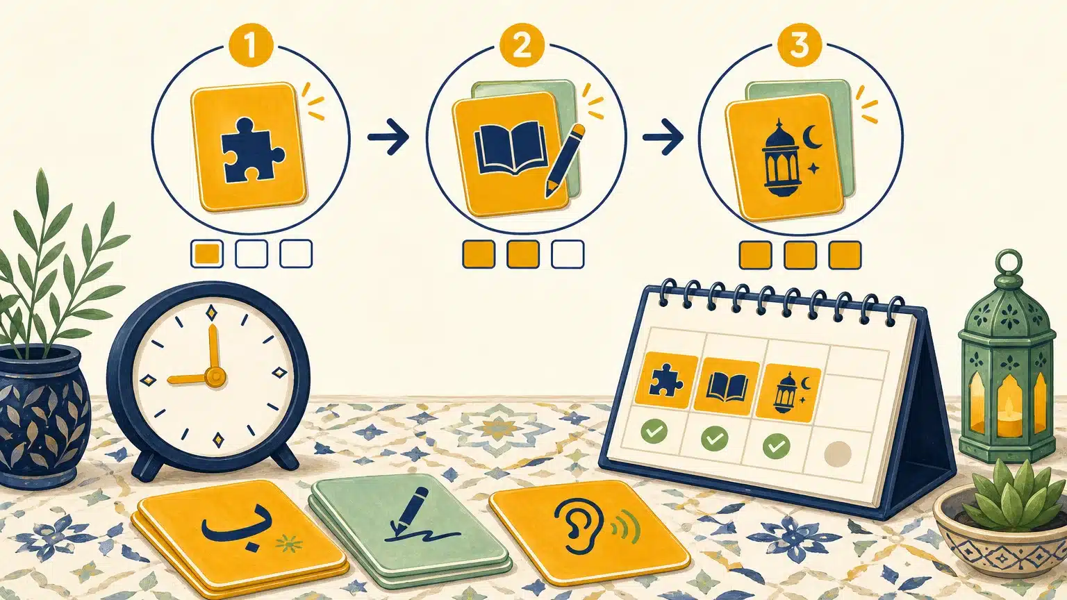 Activité ludique avec une horloge et des cartes pour apprendre l’heure en arabe