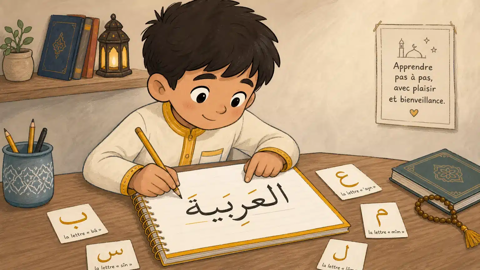 Enfant apprenant à reconnaître les lettres du mot العربية
