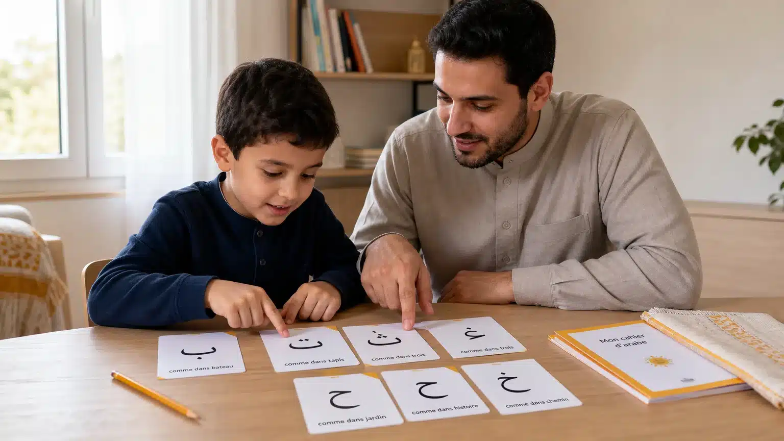 Parent et enfant pratiquant la prononciation des lettres arabes
