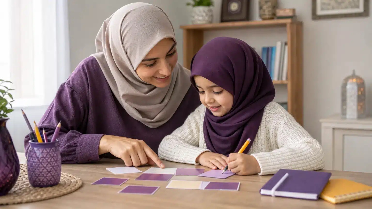 Parent et enfant apprennent la couleur violette avec des objets du quotidien