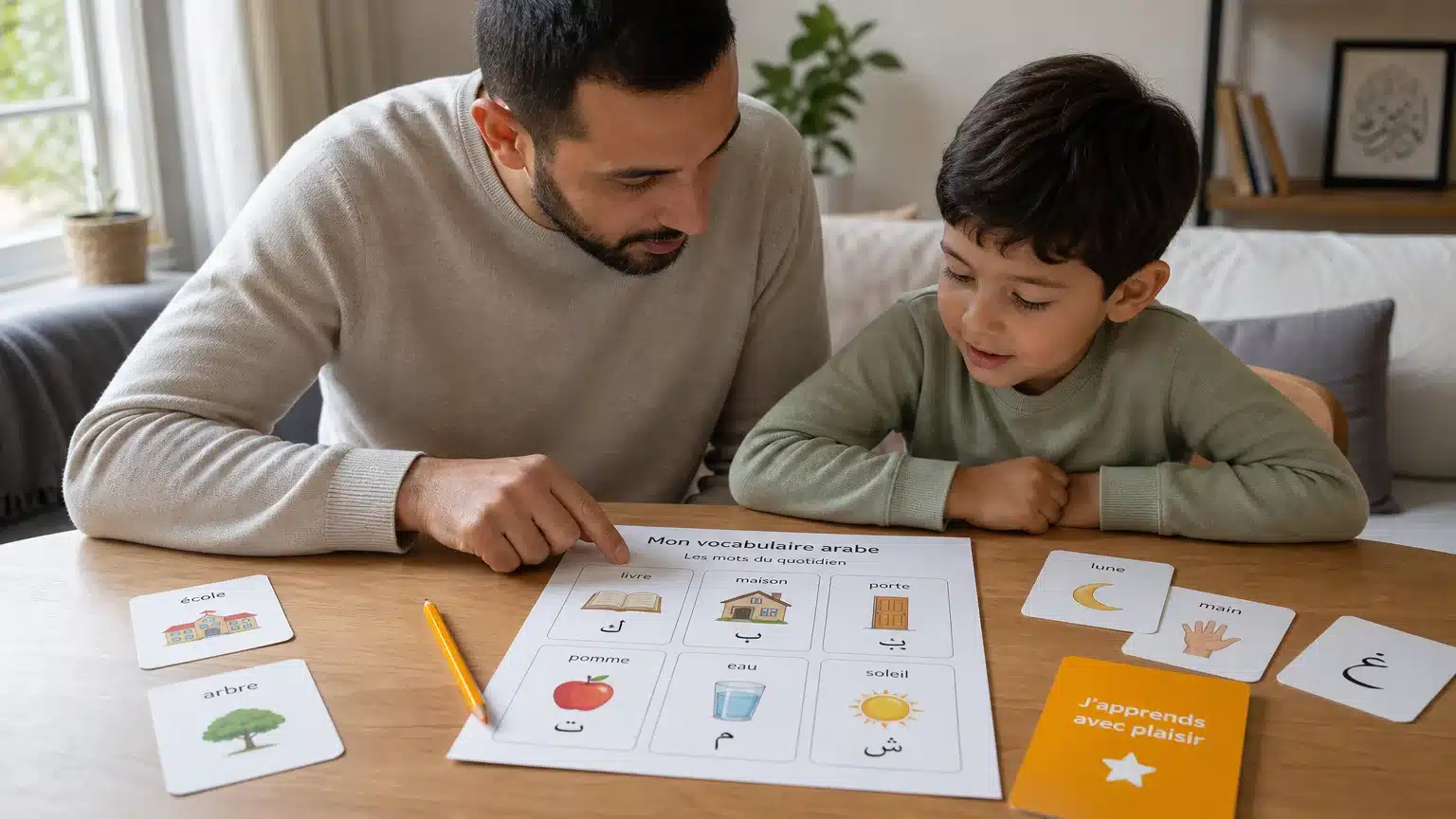 Parent et enfant découvrant des mots arabes autour d’une table