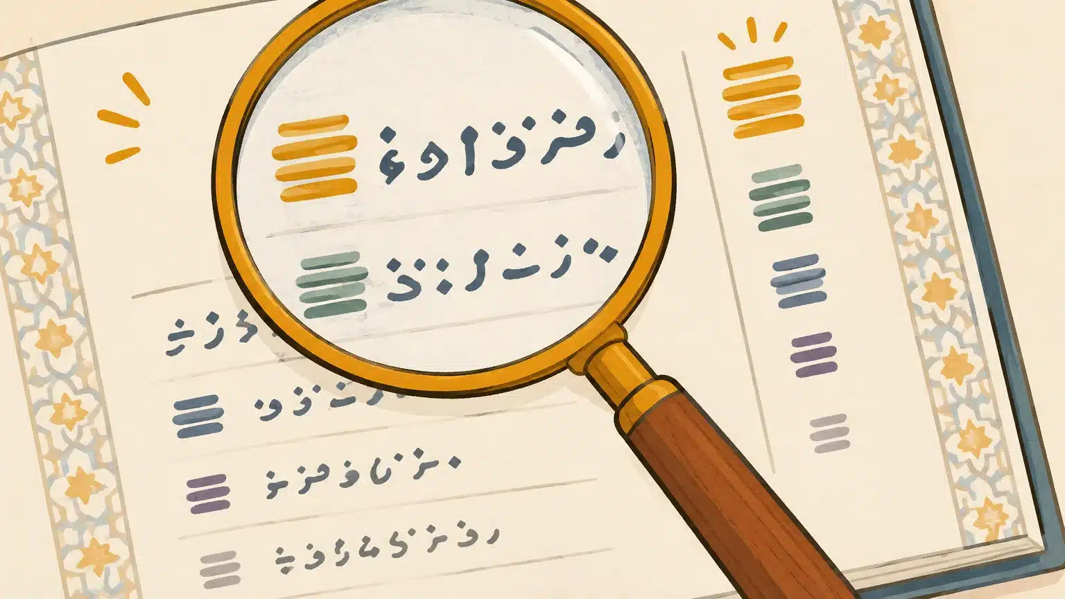 Loupe et signes classés pour illustrer les listes de fréquence arabe