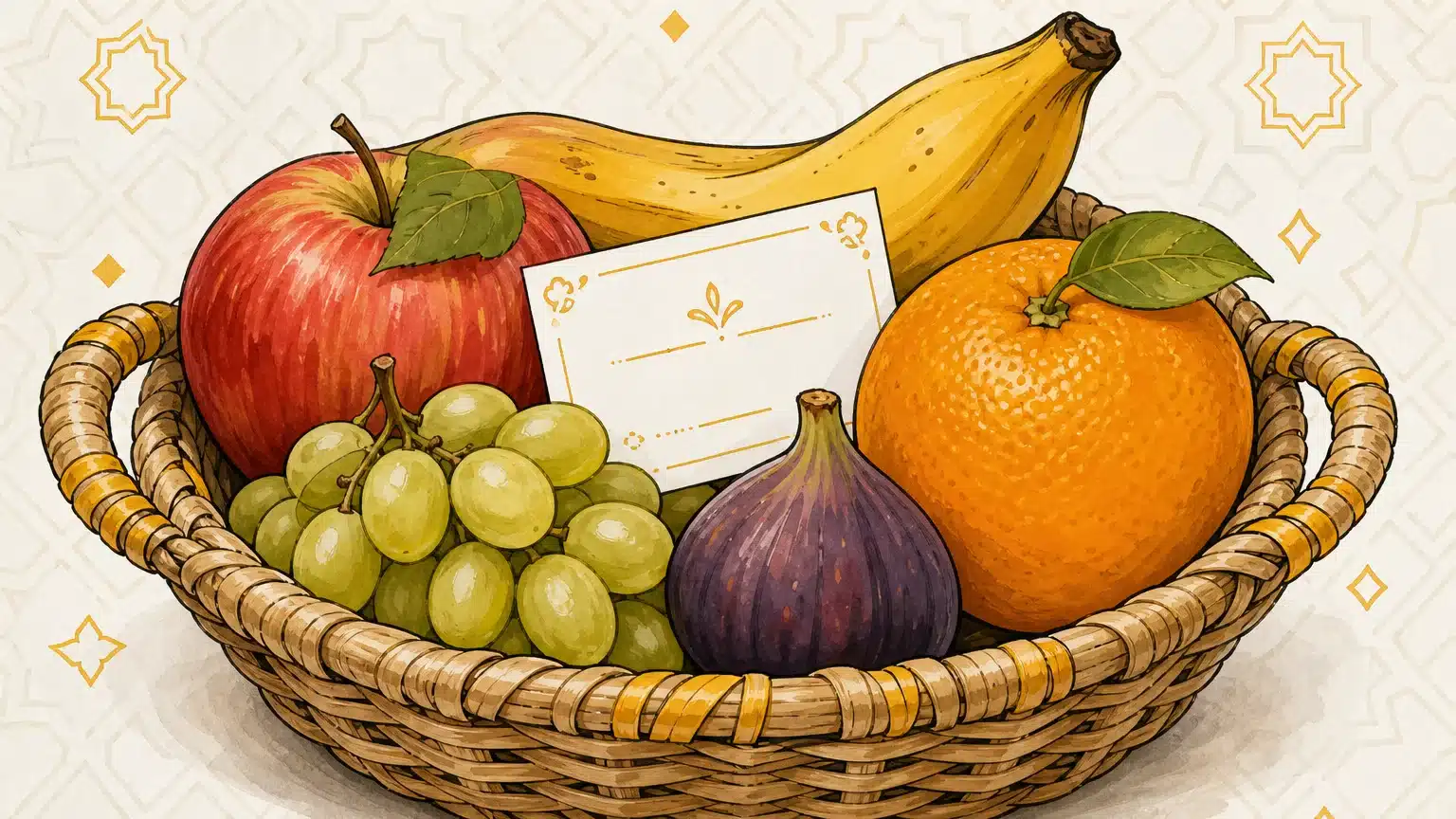 Corbeille illustrée de fruits courants pour mémoriser leur nom en arabe