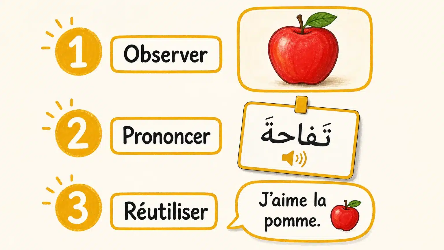Trois étapes illustrées pour observer, prononcer et réutiliser un mot arabe