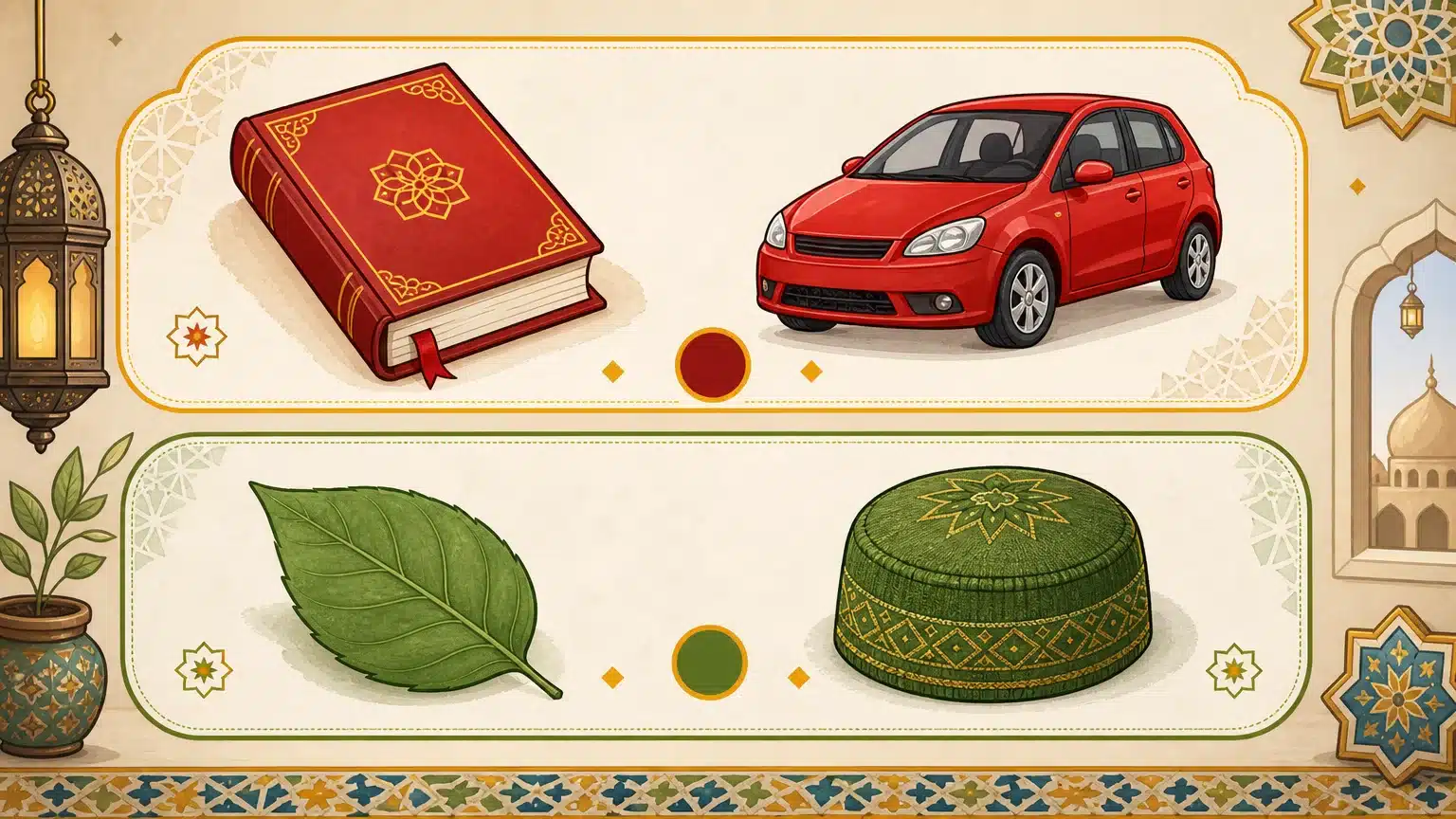 Illustration de noms d’objets associés à des couleurs pour montrer l’accord du genre en arabe