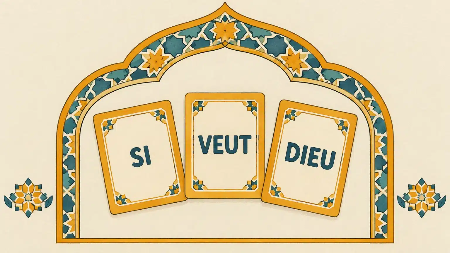 Trois cartes illustrées montrant le sens de si, veut et Dieu
