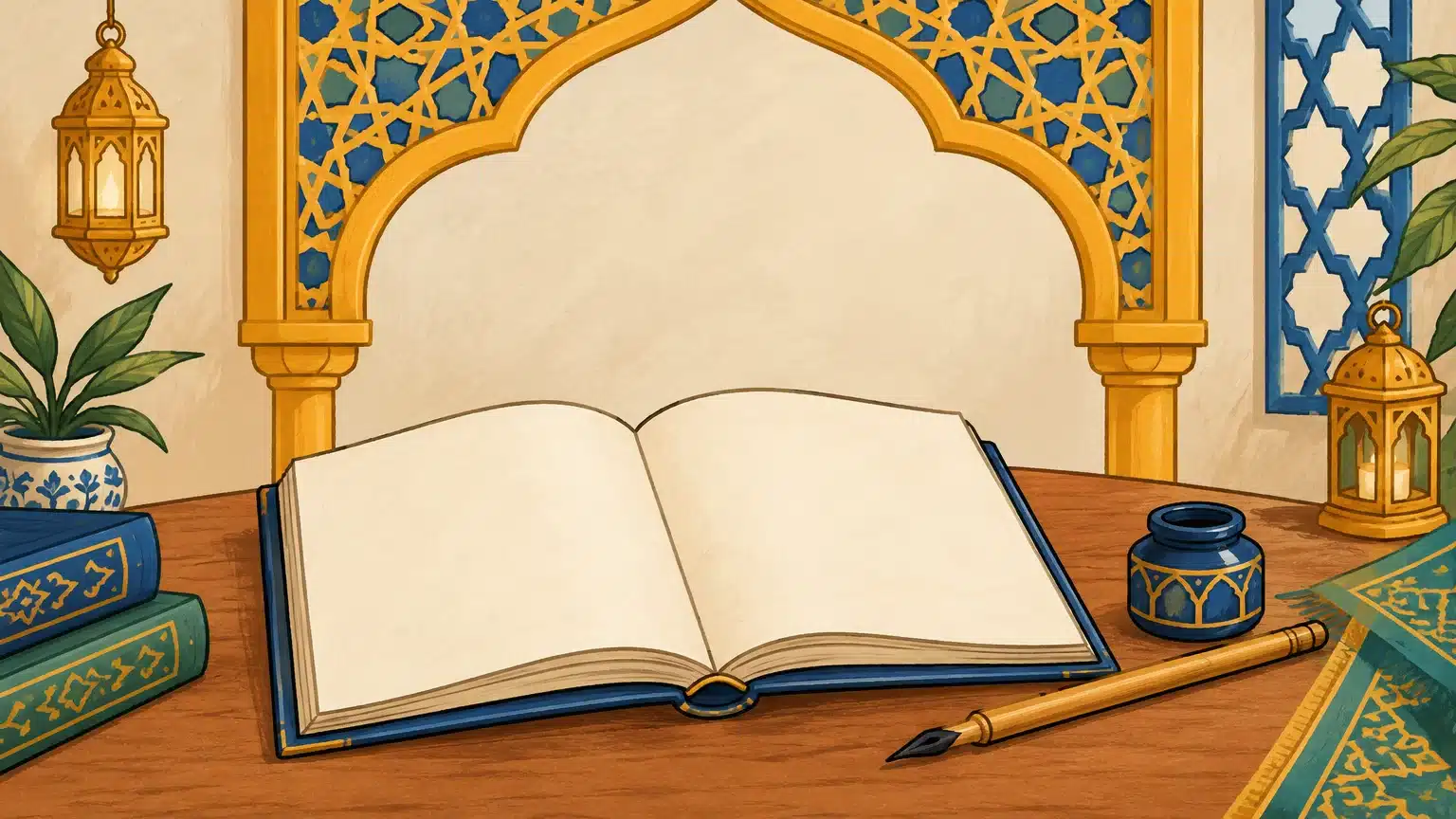 Illustration d’un carnet vierge et d’un calame dans une ambiance arabe