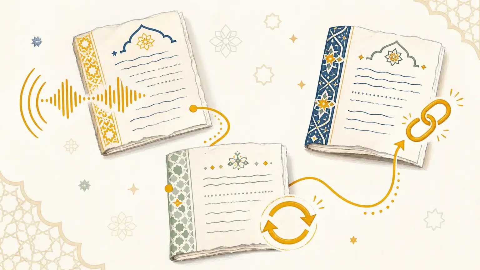 Illustration de trois étapes visuelles pour écouter, répéter et relier les passages d’Ayat al-Kursi